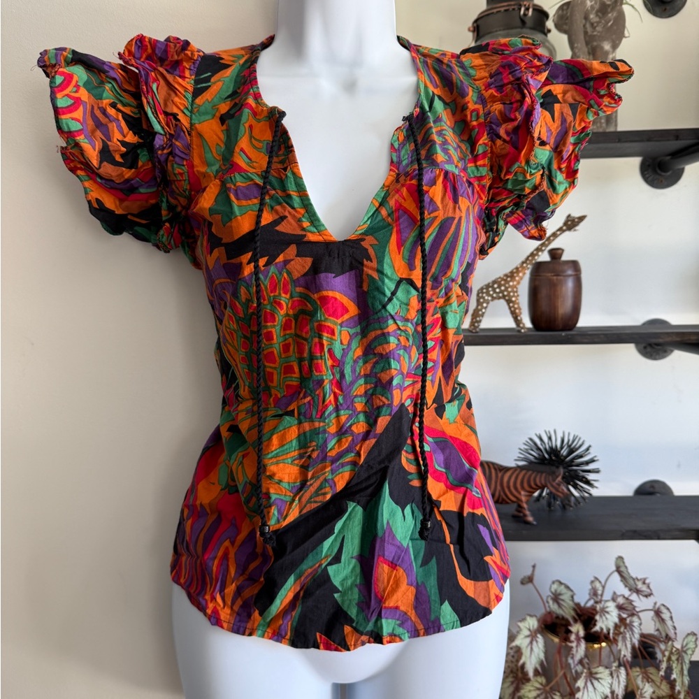 House of Harlow 1960 Orange Red Ruffled Short Sleeve Blouse